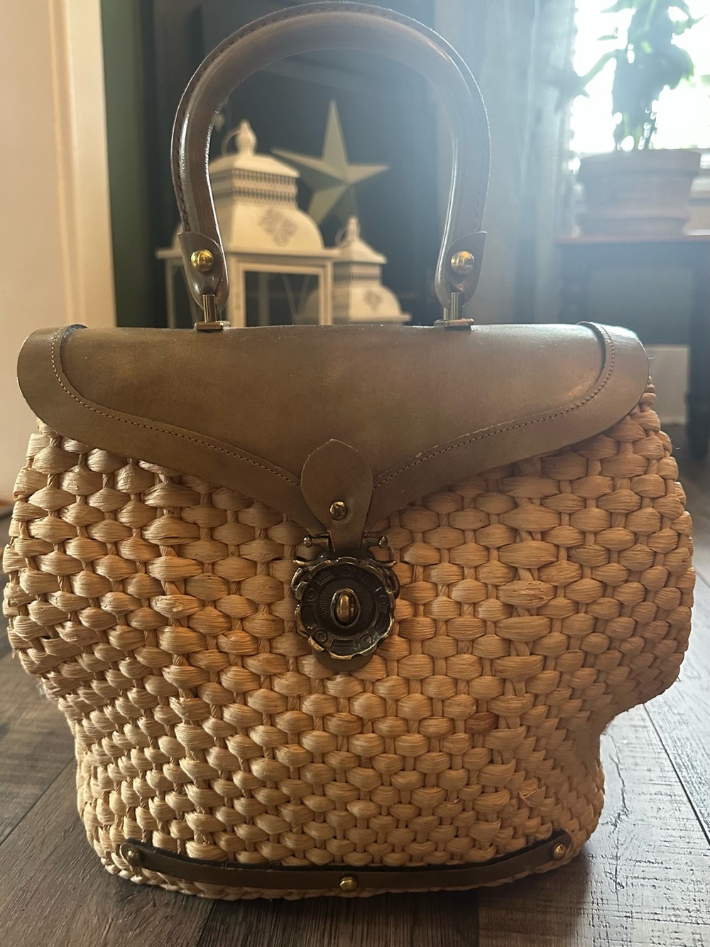 Vintage Zenith Straw And Leather Top Handle Satchel Bag Structured Raffia Body